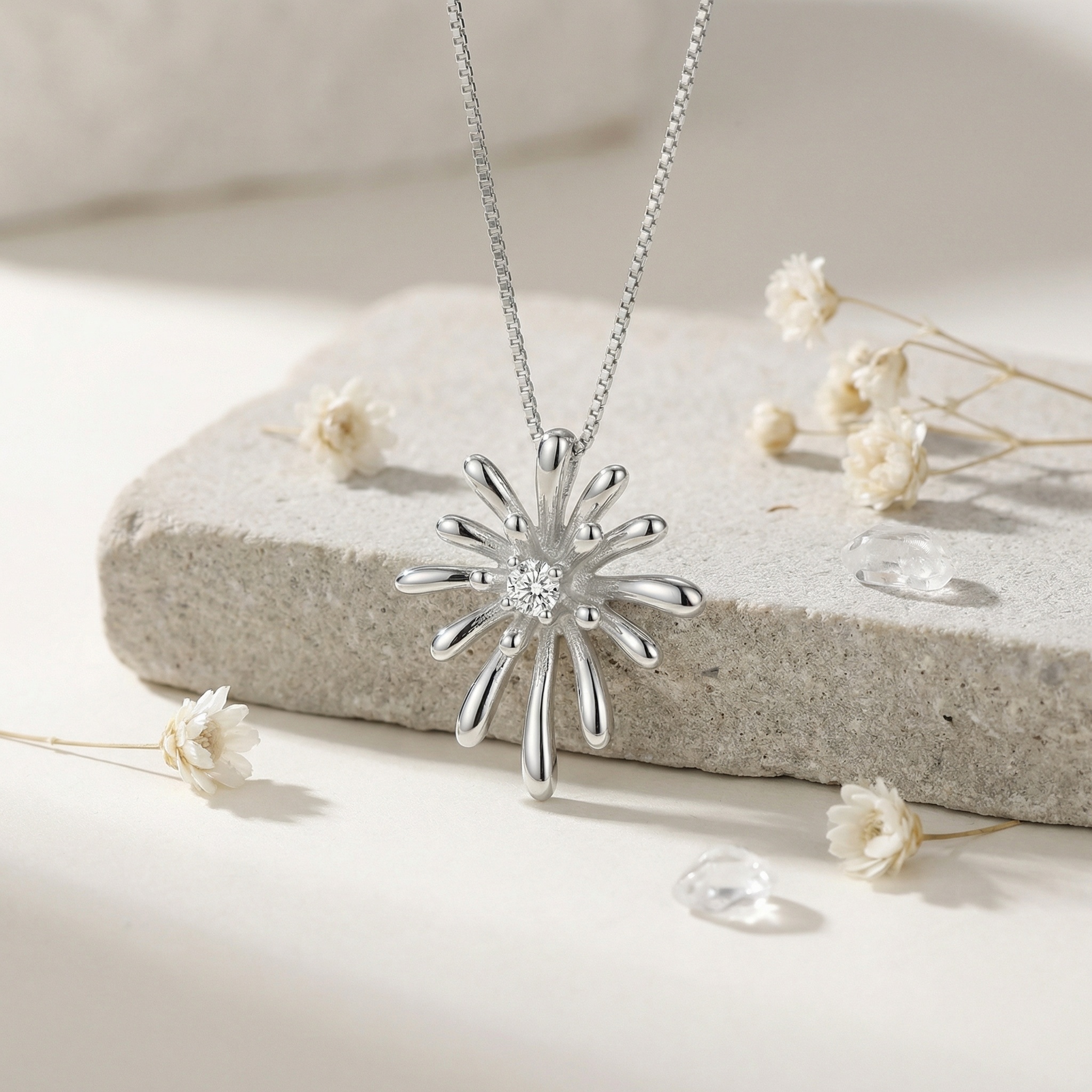 925 Sterling Silver Elegant Sterling Silver Starburst Pendant Necklace with a Central Sparkling Diamond 