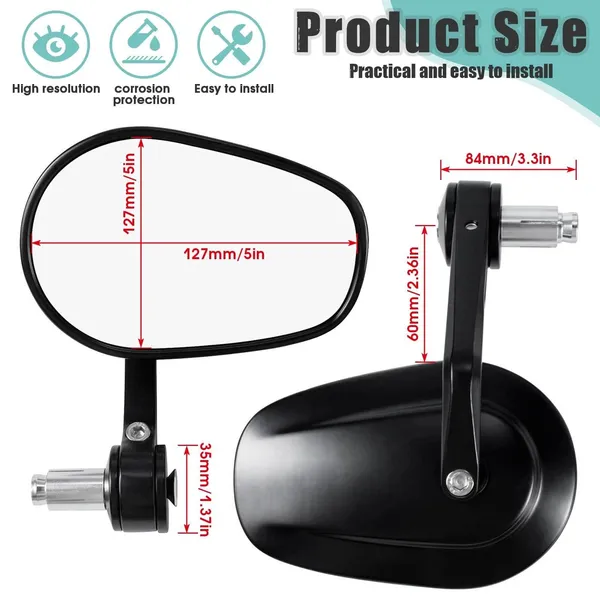 Motorcycle Handlebar End Mirror, Mirror, Rearview Mirror, CNC E-checked, 7/8", Black