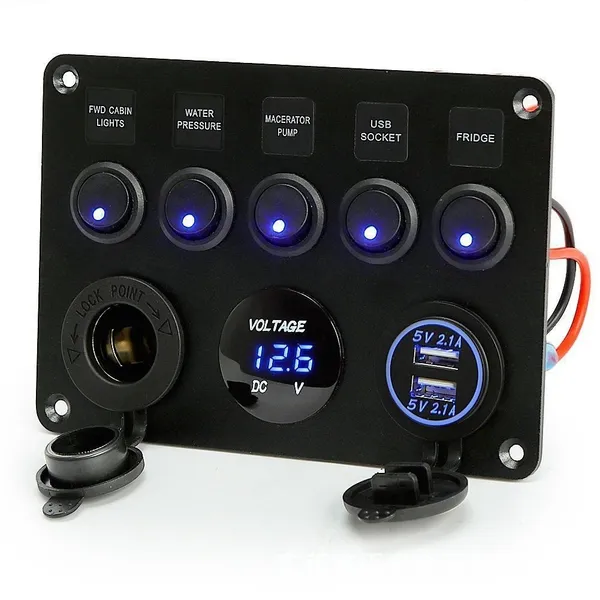 12V/24V 5-Gang LED Switch Panel, Boat Car RV Rocker Switch Board With Voltmeter And Dual USB
