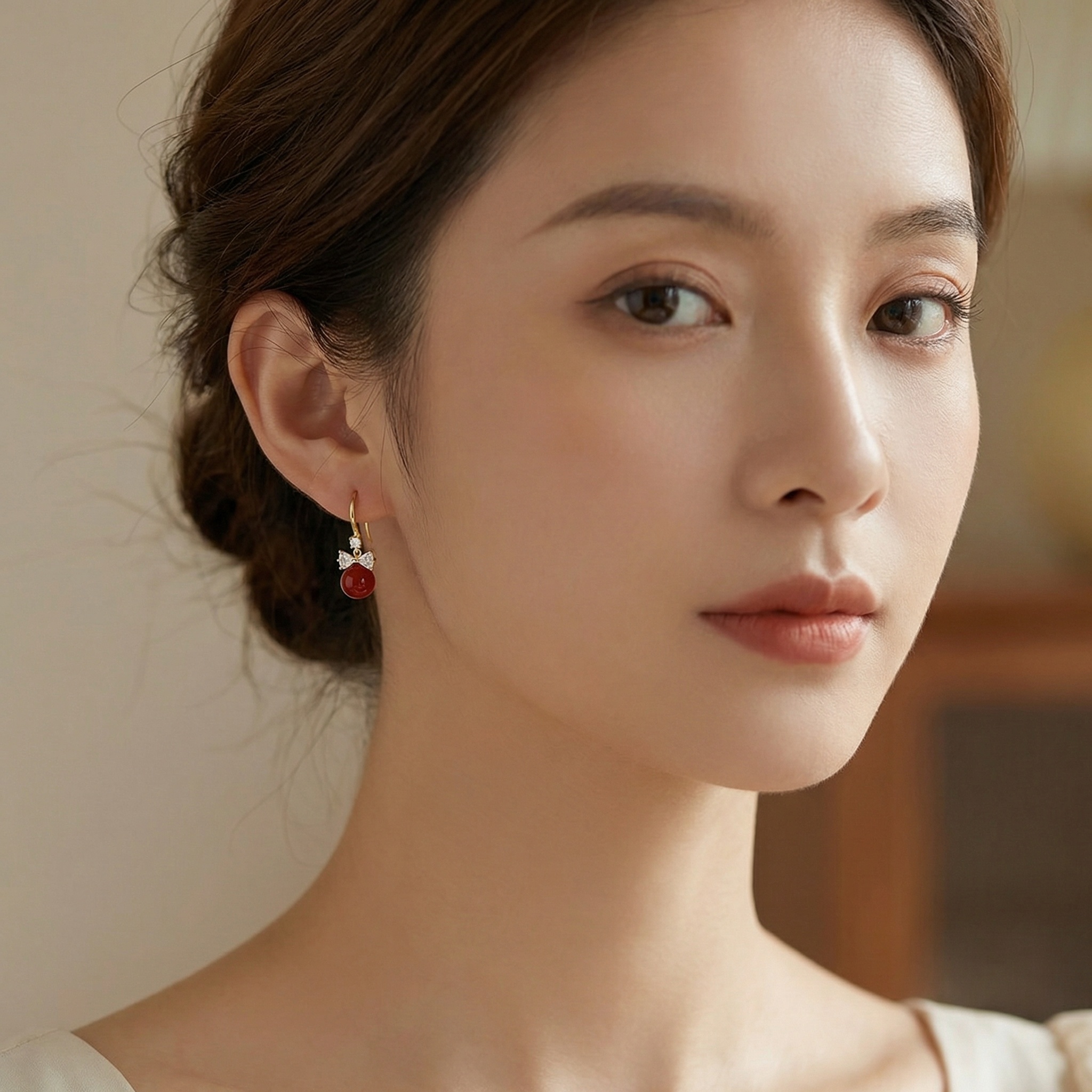 925 Sterling Silver Elegant Red Bead Bowknot Drop Earrings with Sparkling Crystal Accents