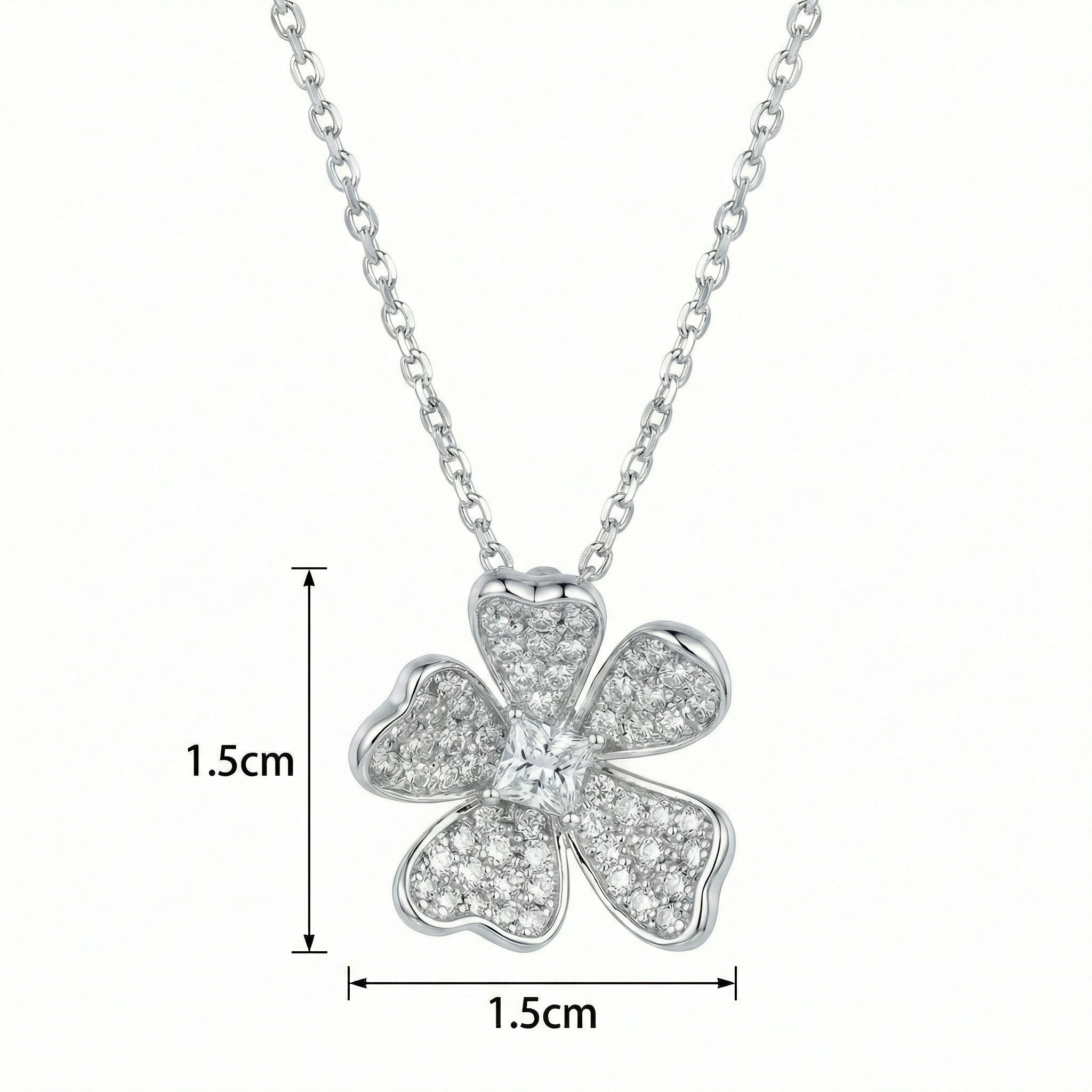 925 Sterling Silver Elegant Five-Petal Diamond Flower Pendant Necklace in Silver 
