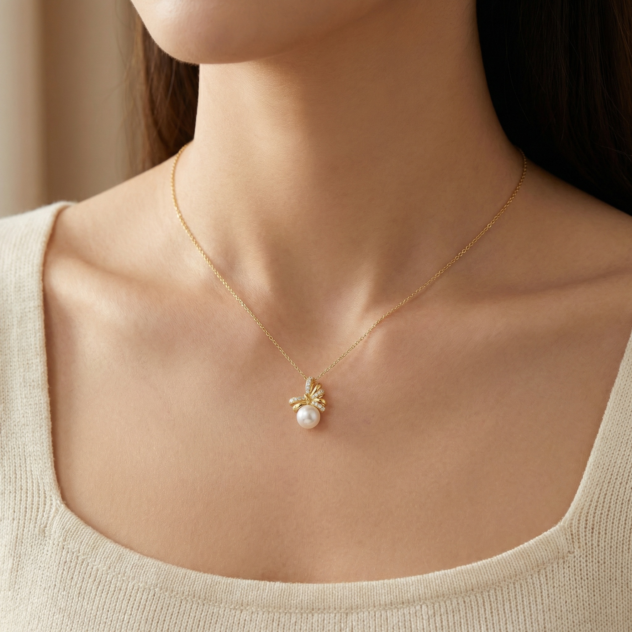Sterling Silver Pearl Ribbon Pendant Necklace, picture 2 of 4