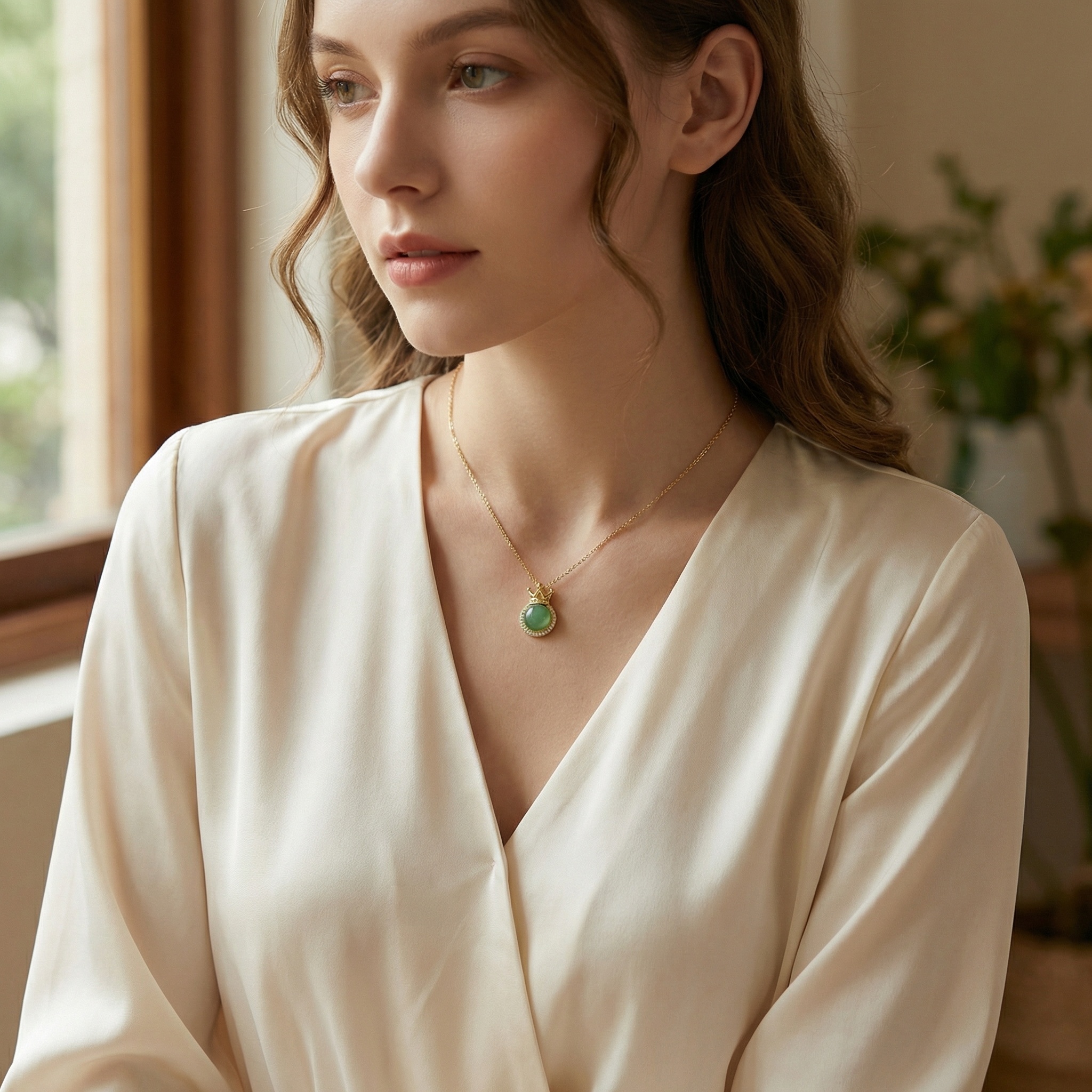 925 Sterling Silver Elegant Royal Crown Pendant Featuring a Radiant Green Gemstone and Sparkling Halo - Image 1