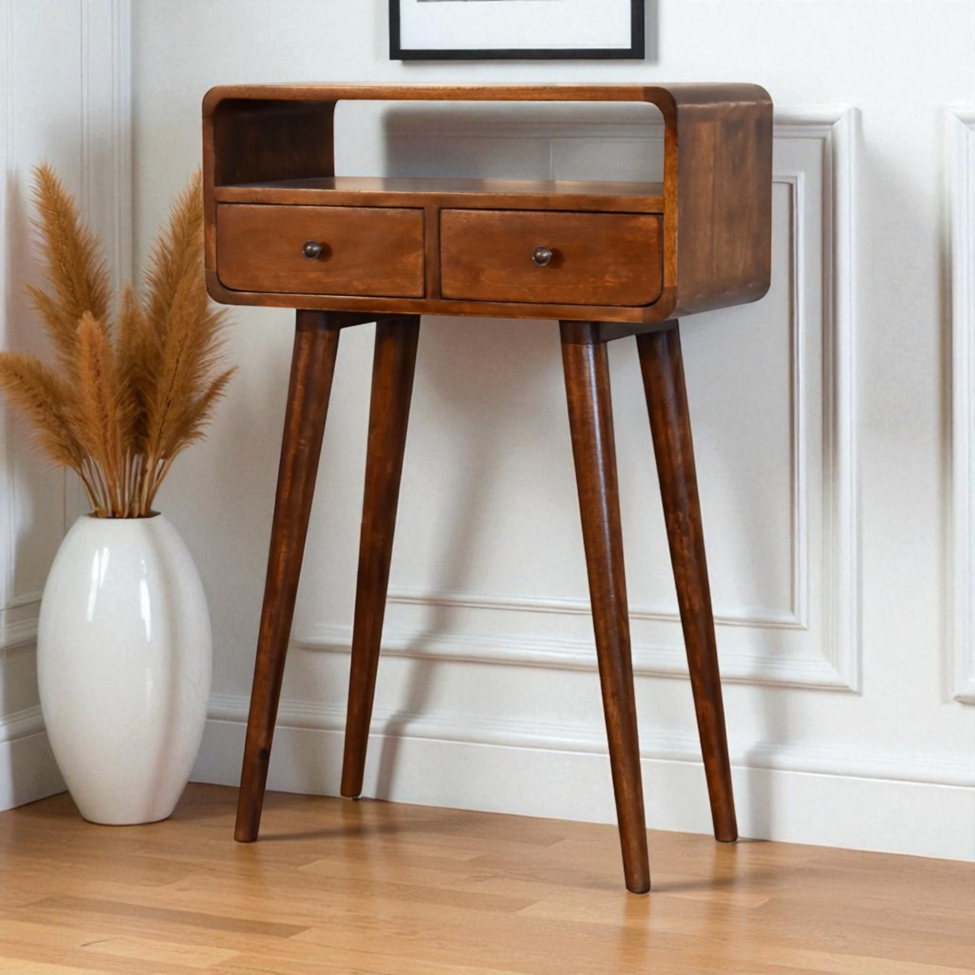 Solid Wood Mini Chestnut Console Table, 2 Drawers And Open Slot, Dark Brown — image 4