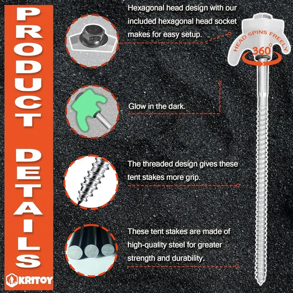 20-Pack Heavy-Duty Screw-In Tent Stakes | Glow-in-the-Dark Heads | Hex Driver & Storage Box Included