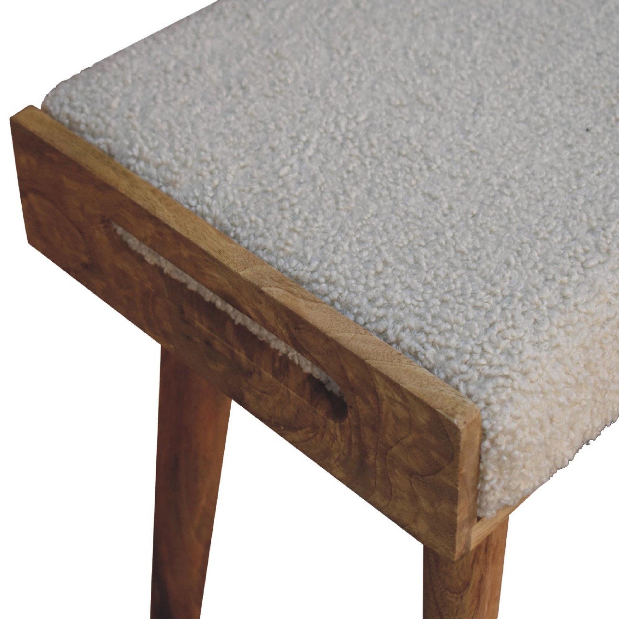 Solid Wood Boucle Cream Tray Style Footstool, Upholstered, Nordic Legs, Beige — image 2