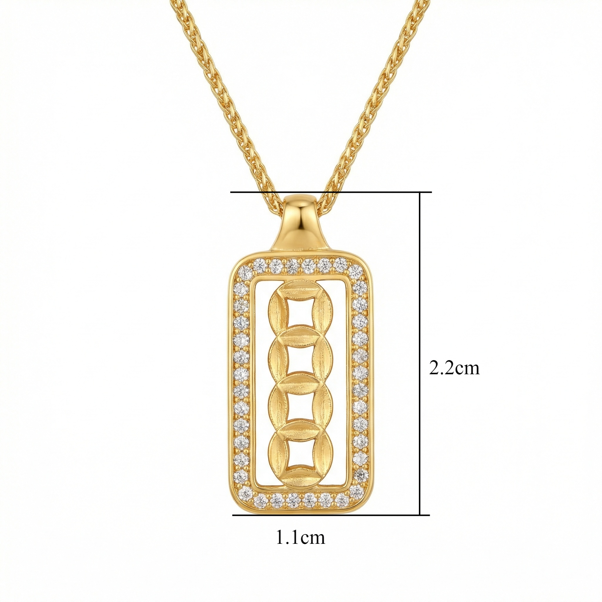 925 Sterling Silver Ornate Rectangular Medallion Necklace Featuring Interlocking Circular Motifs and Shimmering Accents 