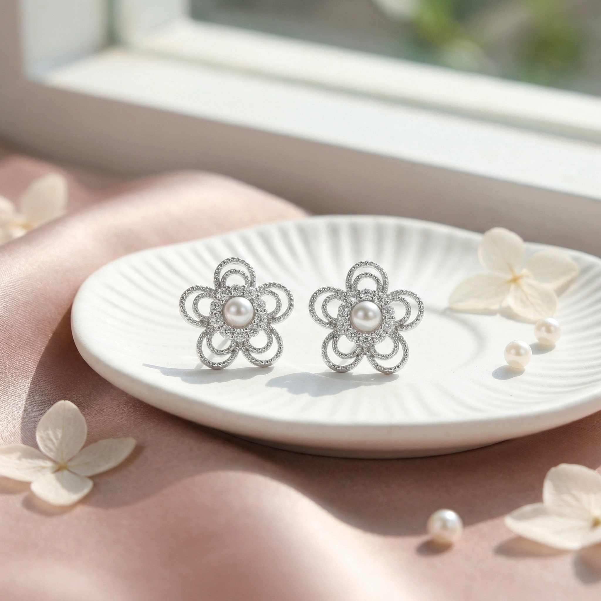 925 Sterling Silver Elegant Silver Open-Work Flower Stud Earrings with Pearl Centers
