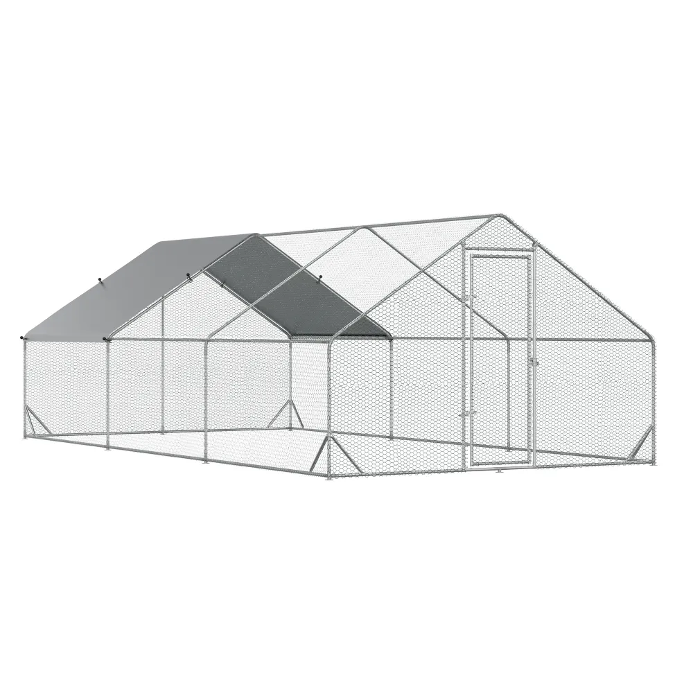 PawHut Large Chicken Coop Metal Chicken Run With Waterproof And Anti-UV Cover, Spire Shaped Walk In Fence Cage Hen House For Outdoor And Yard Farm Use, 1 Tube Diameter, 9.8 X 19.7'X 6.6