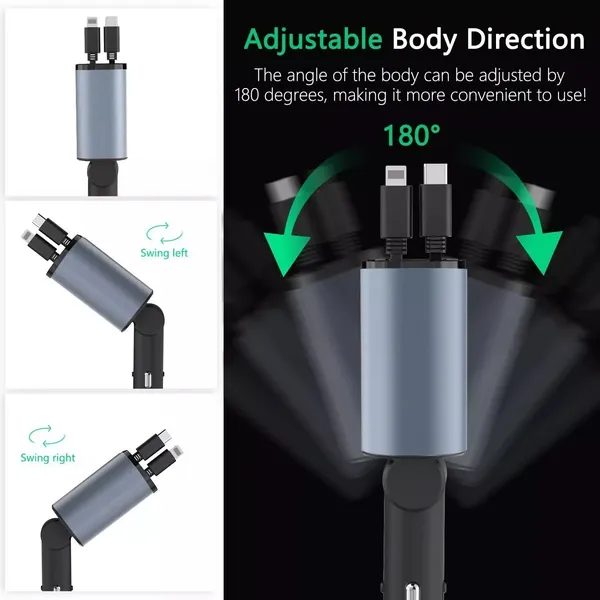 Car USB Cigarette Lighter Fast Charger (120W 4-Port Retractable Cable)