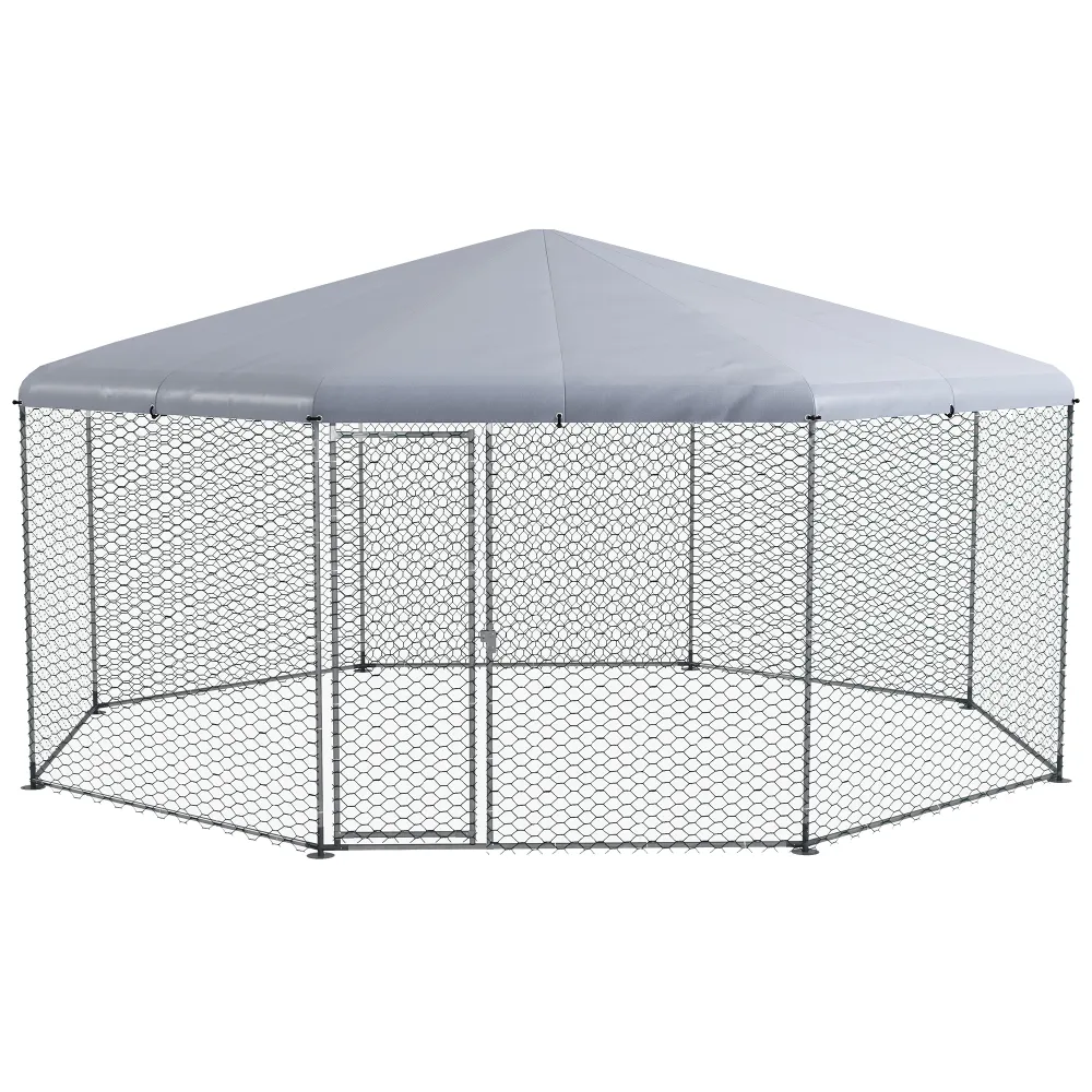 PawHut Large Metal Chicken Coop Chicken Run For Chicken, Ducks And Rabbits With Waterproof And Anti-UV Cover, Walk-in Poultry Cage Hen House For Outdoor And Yard Farm Use, 17' X 15.7' X 9'