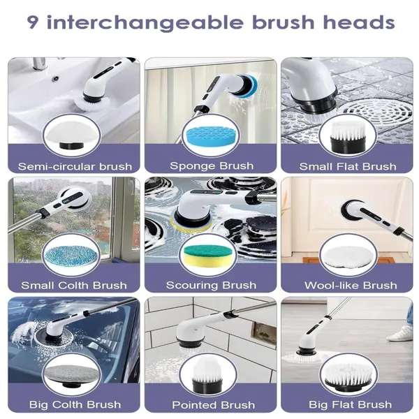 9 REPLACEABLE BRUSH HEADS FOR VERSATILE CLEANING