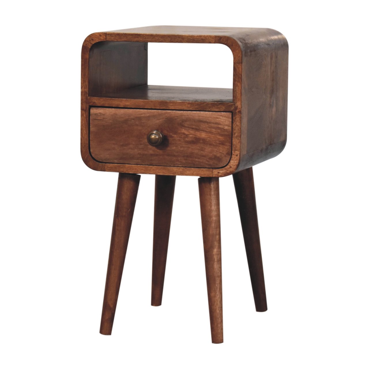 Solid Wood Mini Honey Caramel Curved Bedside With Open Slot, 1 Drawer, Dark Brown