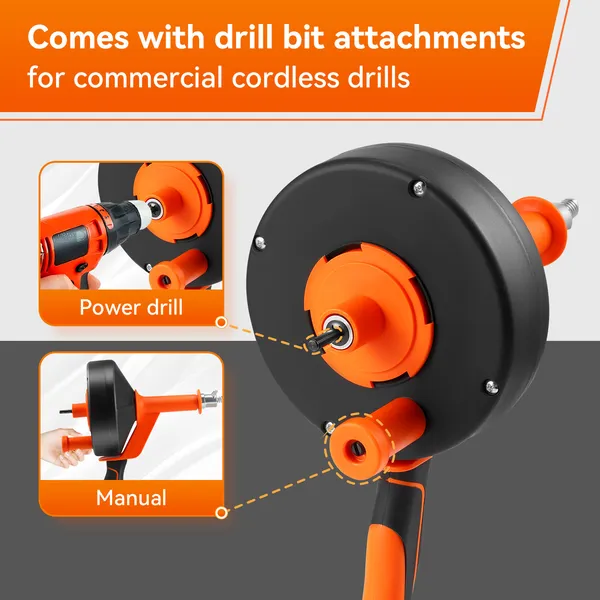 2-in-1 Hand & Electric Power Drum Auger Snake, Heavy-Duty 25FT Drain Cleaner For Sink, Toilet, Shower, Bathtub, Orange
