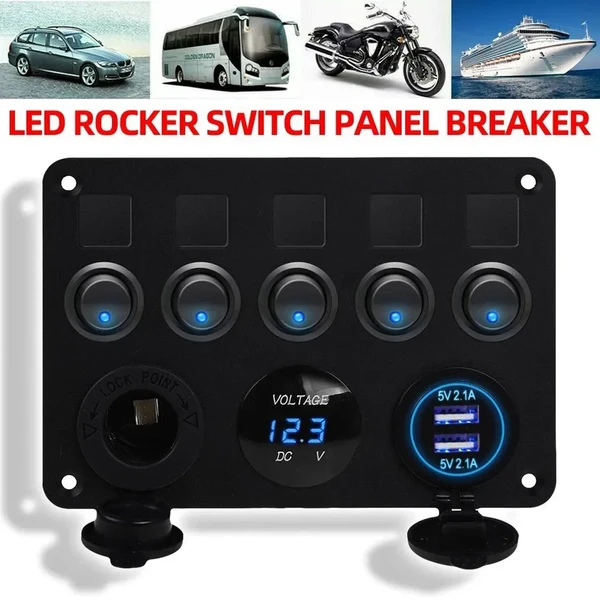 12V/24V 5-Gang LED Switch Panel, Boat Car RV Rocker Switch Board With Voltmeter And Dual USB