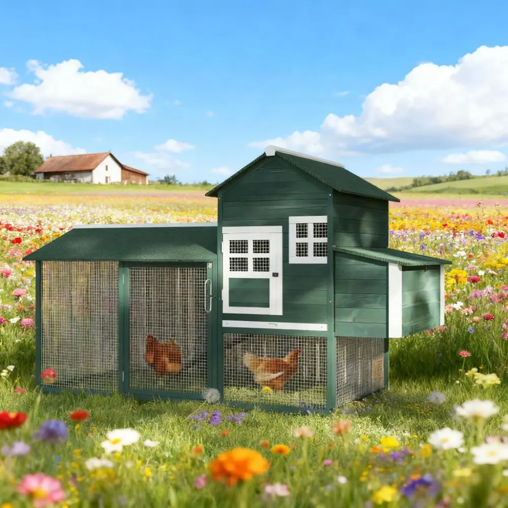 Chicken Coop Hen House Outdoor With Run Nesting Box, Asphalt Roof, Removable Tray Wooden