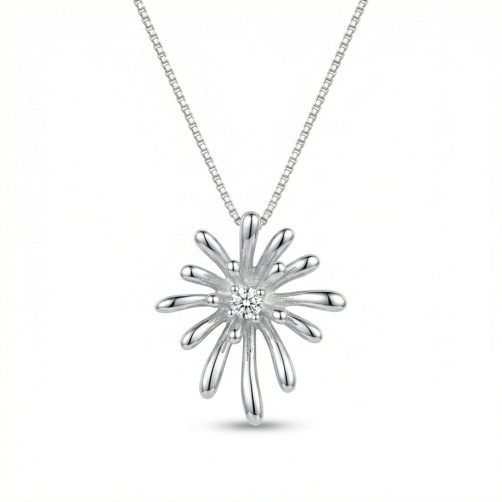 925 Sterling Silver Elegant Sterling Silver Starburst Pendant Necklace with a Central Sparkling Diamond 