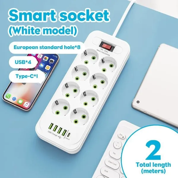 EU 8-Way Power Strip With 4 USB Ports, Type-C, Surge Protector With Switch And 2m Cord