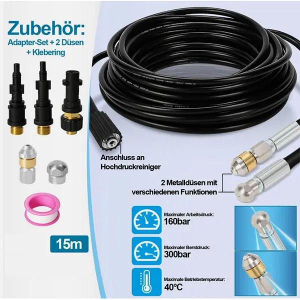 15m High Pressure Washer Pipe Cleaning Kit, 160Bar Power With Push & Spin Nozzles, Fits Karcher K2 K3 K4 K5 K7, For Drain Gutter Sewer Patio Driveway Deep Cleaning
