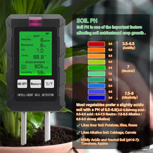 6-in-1 Soil Tester, Soil Fertility, PH-Temperature, Air Humidity, Sunlight, Air Humidity Detector, Gardening, Soil Analyzer, Soil Tester, New