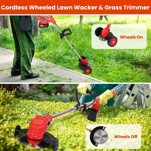 3 In 1 Electric Cordless Grass Wacker Battery Powered Grass Trimmer With Wheels Adjustable Head Extendable Length Rechargeable Lightweight Lawn Trimmer With 2Pcs 2500mAh Batteries