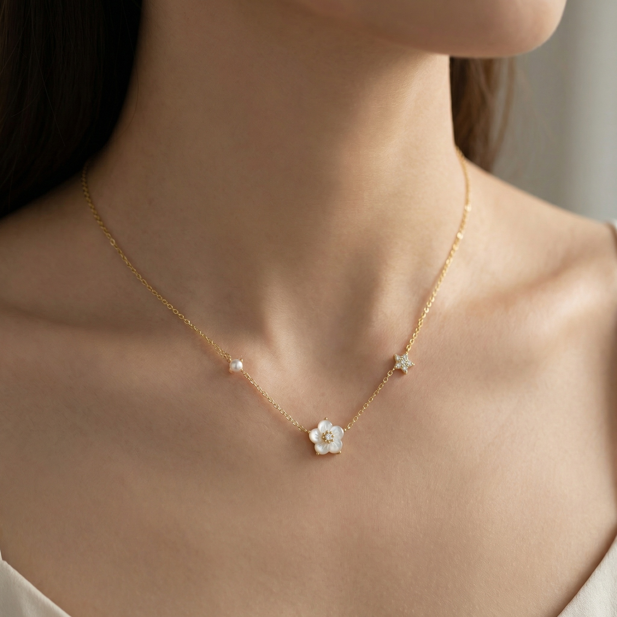 Sterling Silver Floral Star Pearl Necklace, picture 4 of 4
