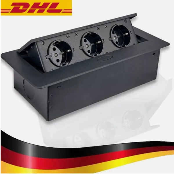 3-Gang USB Pop-Up Power Outlet, Retractable Table Socket, Kitchen Worktop Flush Mount, Black, VDE, EU