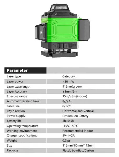 16 Lines 4D 360° Self-Leveling Laser Level, Cross Line Laser With Remote Control, For Construction
