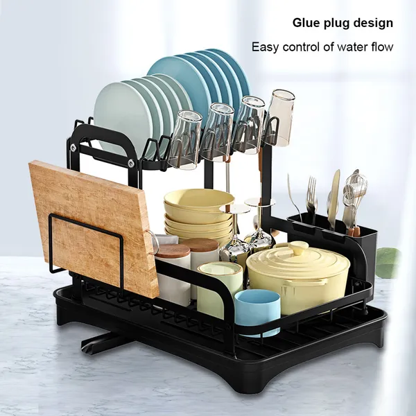 Black Flat Iron Plate And Bowl Rack With Cup Holder For Kitchen Storage