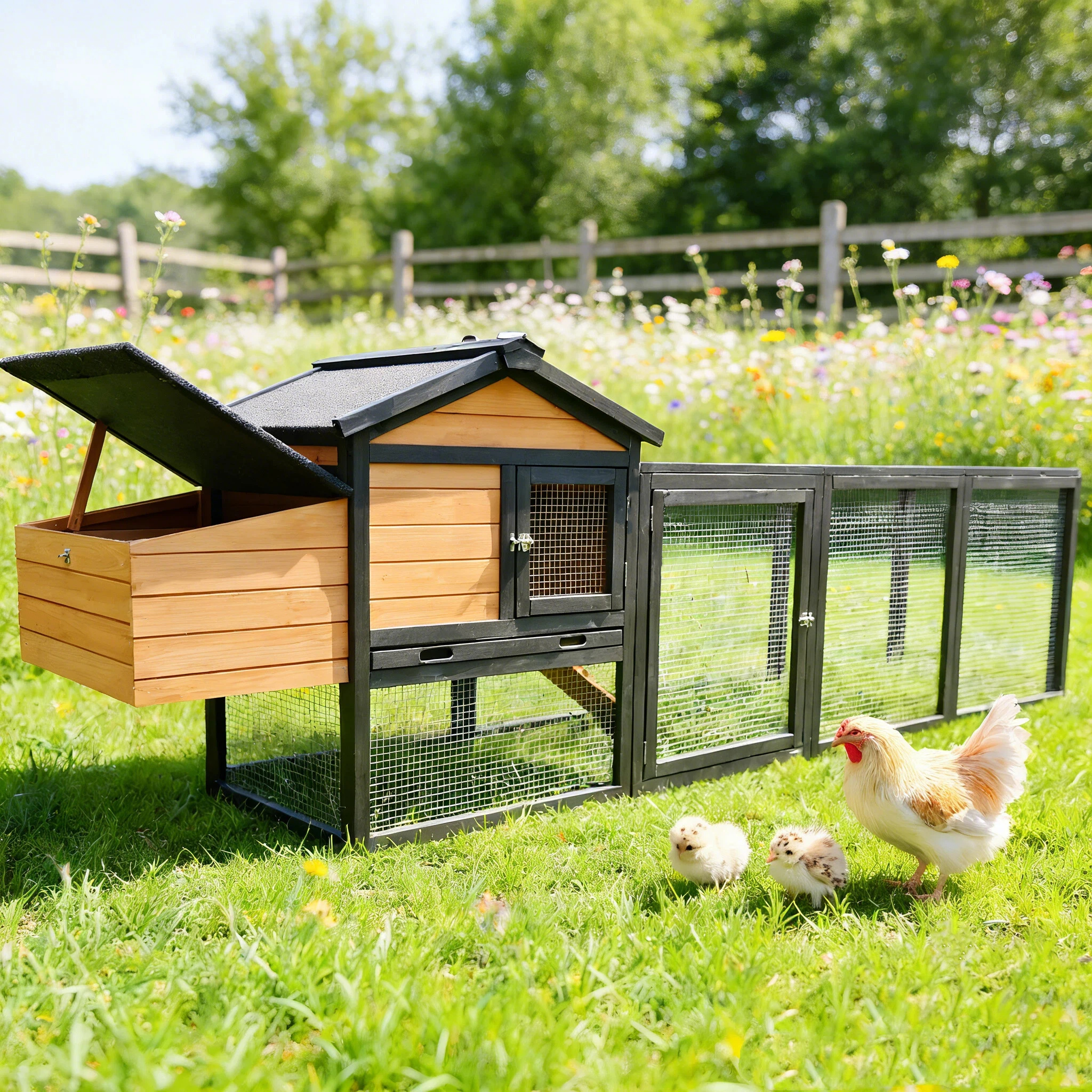 Wooden Chicken Coop, Large Outdoor Hen House With Nesting Box Poultry Cage, Rabbit Hutch Bunny Cage , Waterproof For Outdoor Backyard