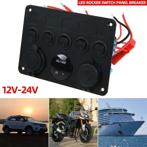 12V/24V 5-Gang LED Switch Panel, Boat Car RV Rocker Switch Board With Voltmeter And Dual USB