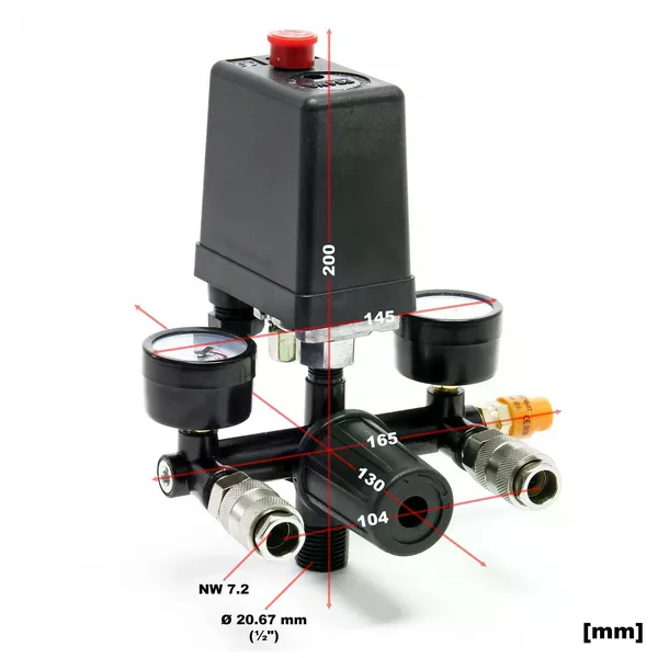Pressure Regulator With Pressure Switch For Compressor, 2 Gauges, Safety Valve, Germany