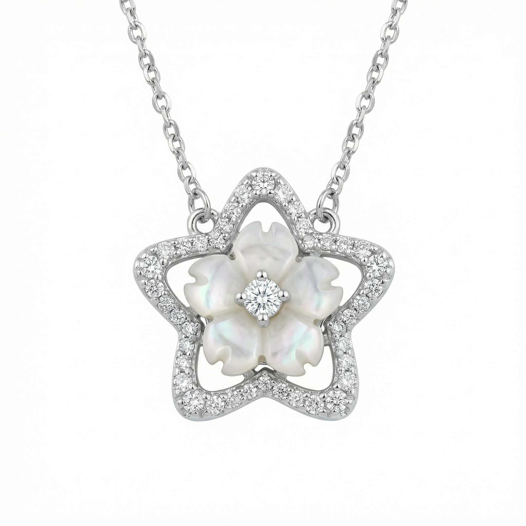 925 Sterling Silver Elegant Mother-of-Pearl Sakura Flower Pendant in a Diamond-Encrusted Star Frame 