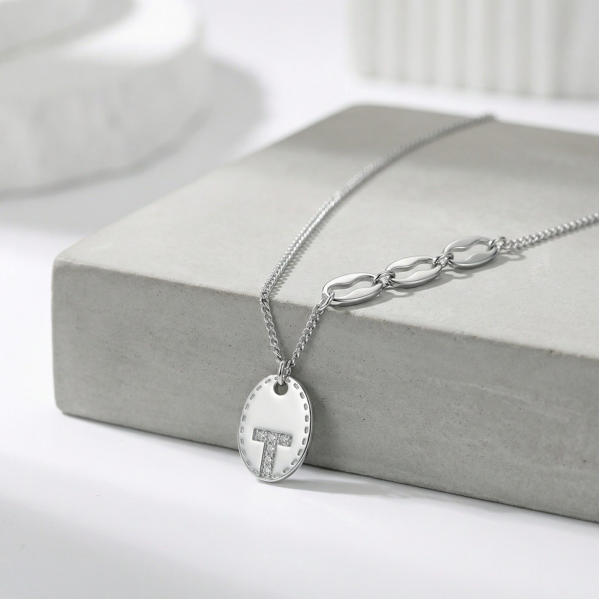925 Sterling Silver Elegant Silver Oval "T" Initial Pendant Necklace with Asymmetrical Geometric Chain Links 
