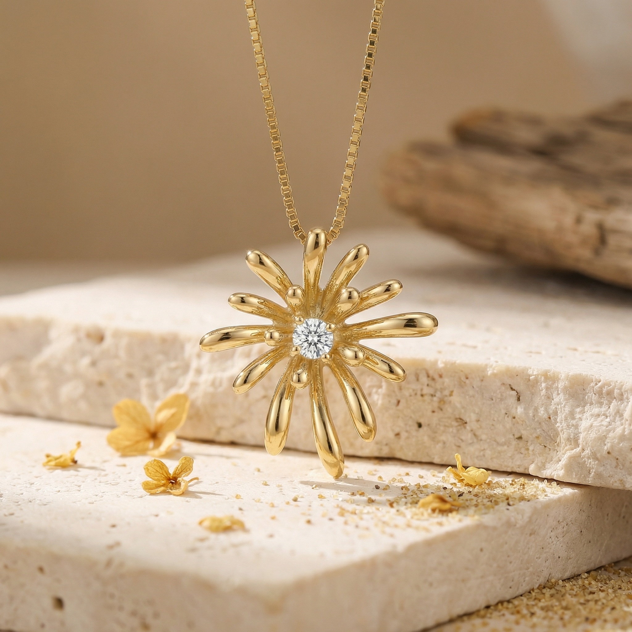 925 Sterling Silver Radiant Sunburst Pendant Necklace Featuring a Brilliant Round-Cut Central Gemstone  - Image 1