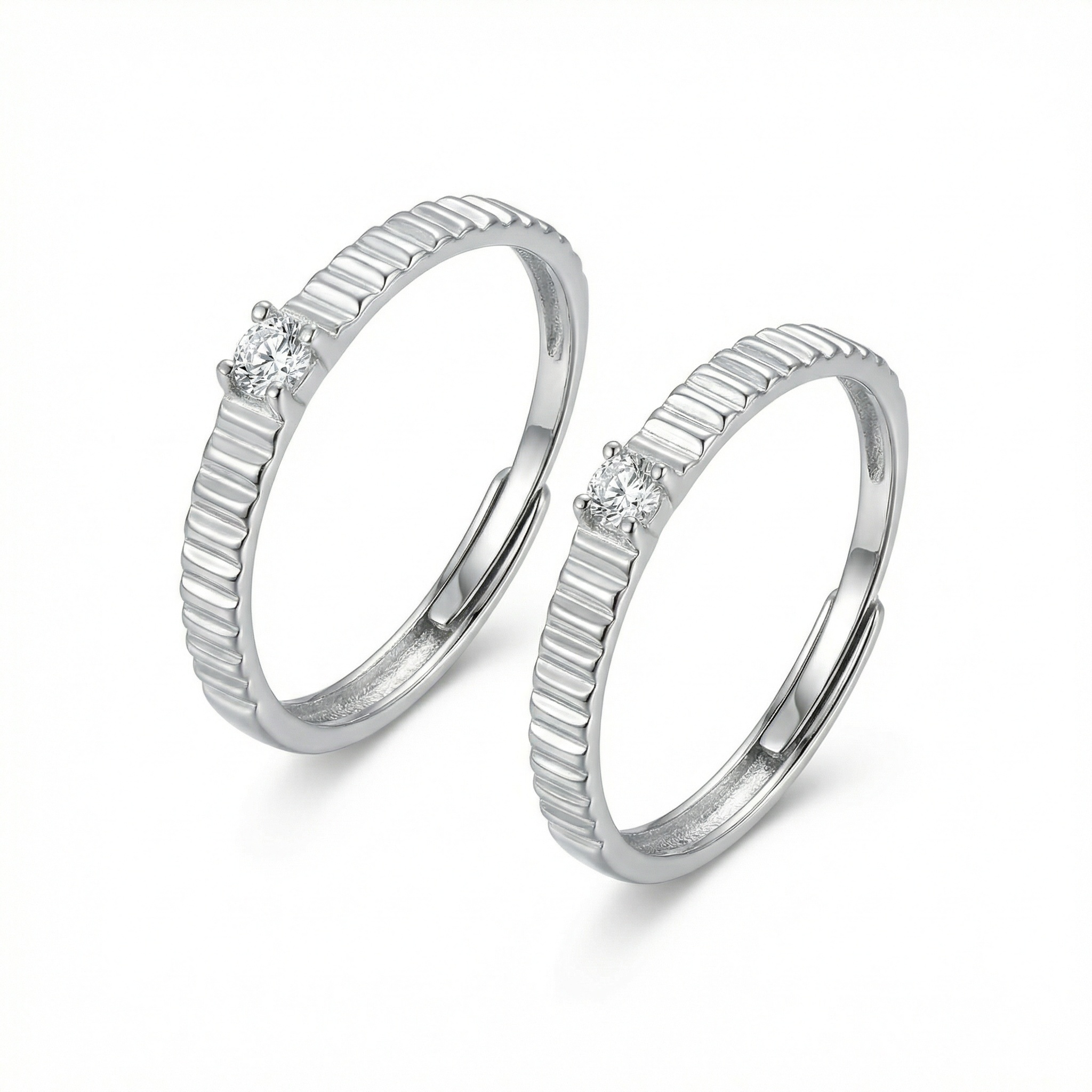 925 Sterling Silver Elegant Textured Silver Solitaire Adjustable Couple Rings with Sparkling Gemstones 