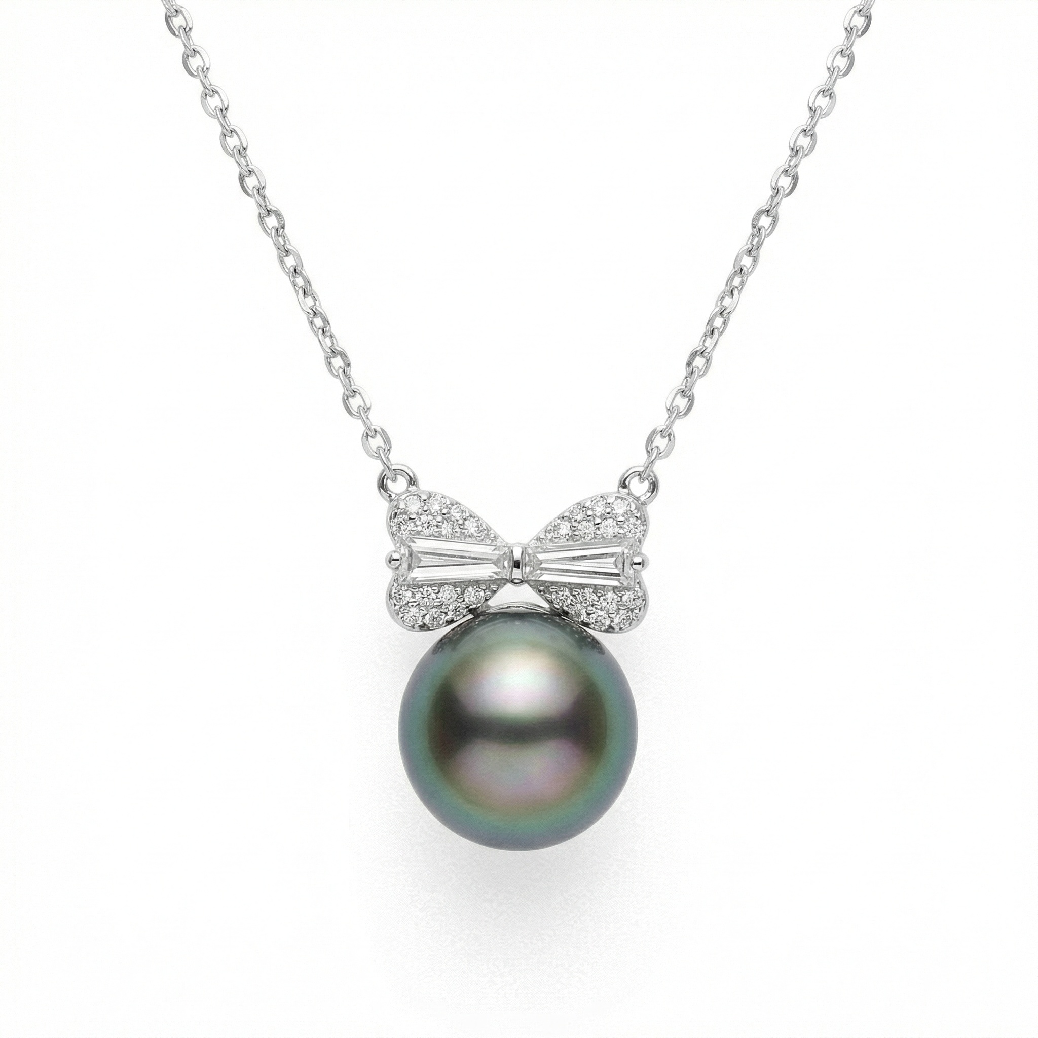 925 Sterling Silver Elegant Pearl Bow Pendant Necklace with Shimmering Diamonds