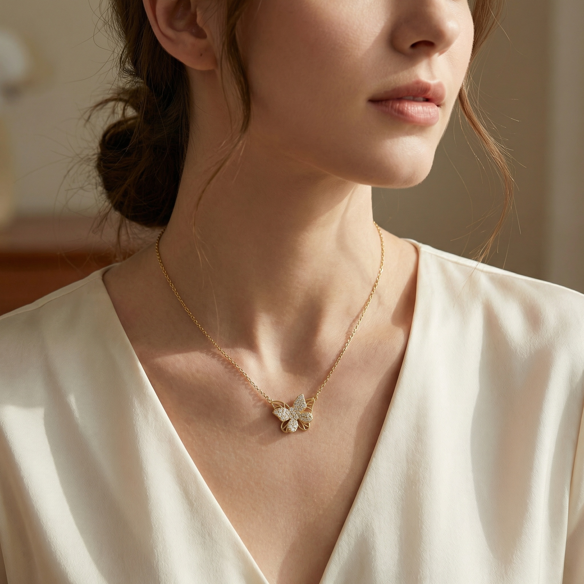 925 Sterling Silver Sparkling Butterfly Pendant Necklace with Fine Diamond Accents