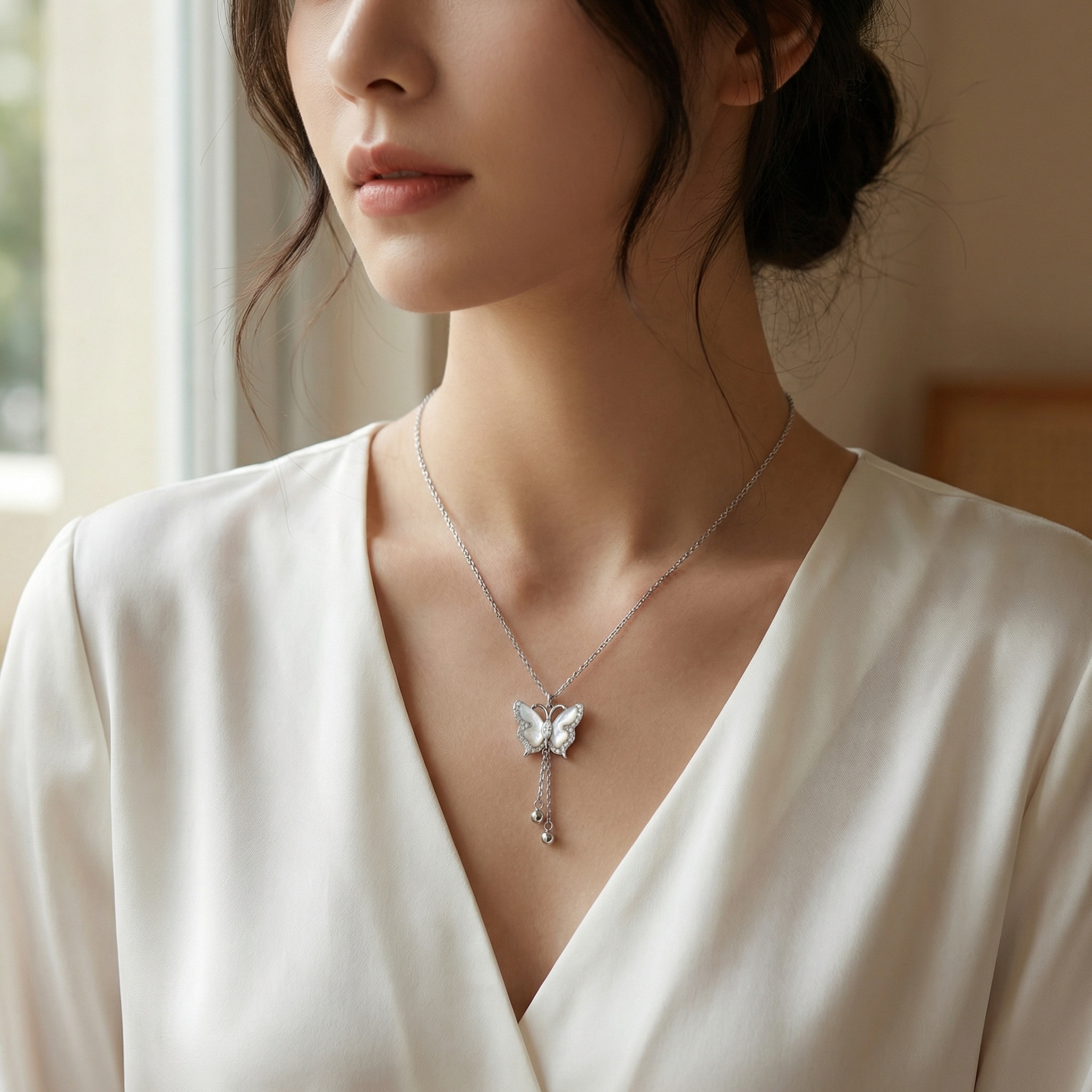 925 Sterling Silver Elegant Butterfly Pendant Necklace with Mother of Pearl and Crystals