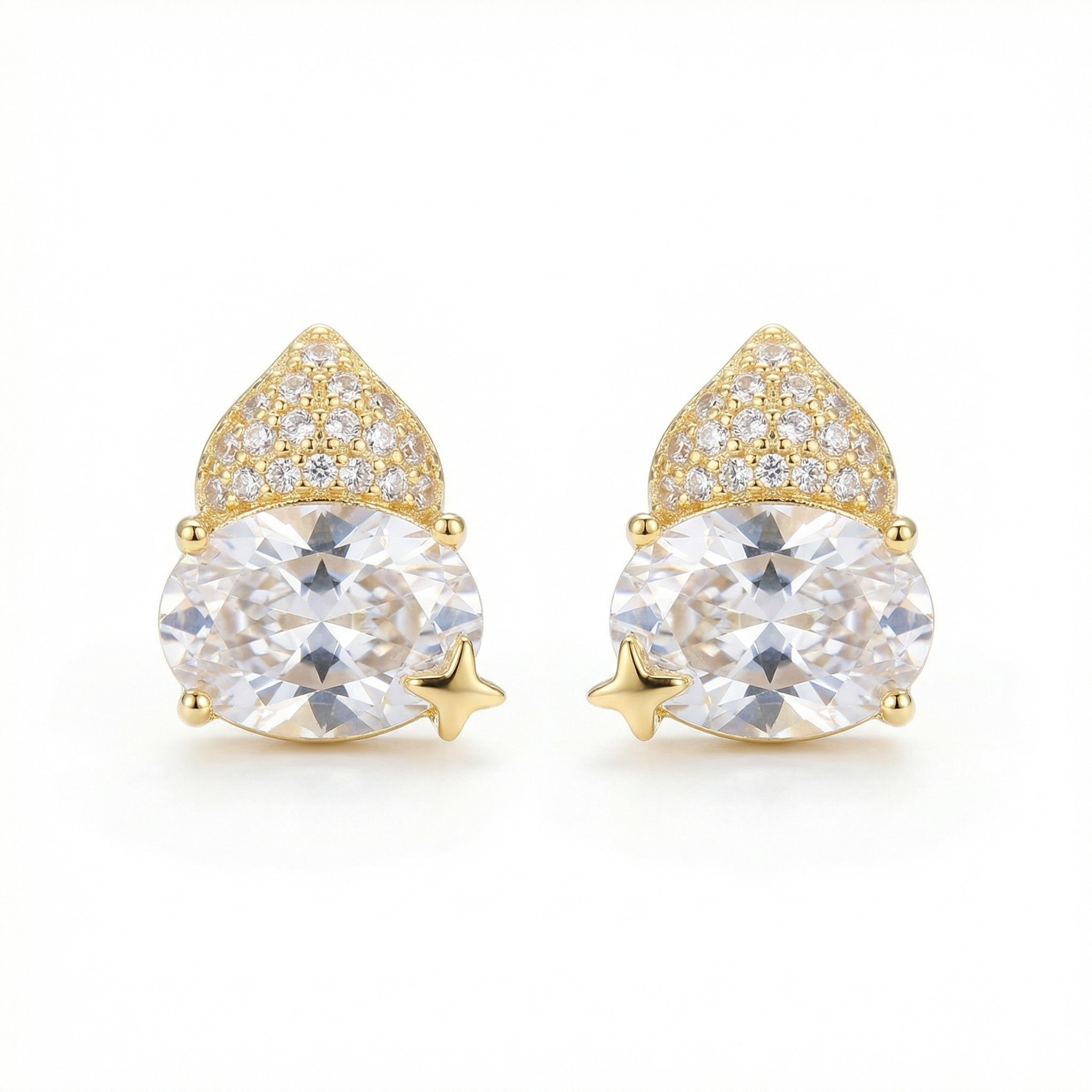 925 Sterling Silver Sparkling Celestial Star and Oval Gemstone Pave Stud Earrings