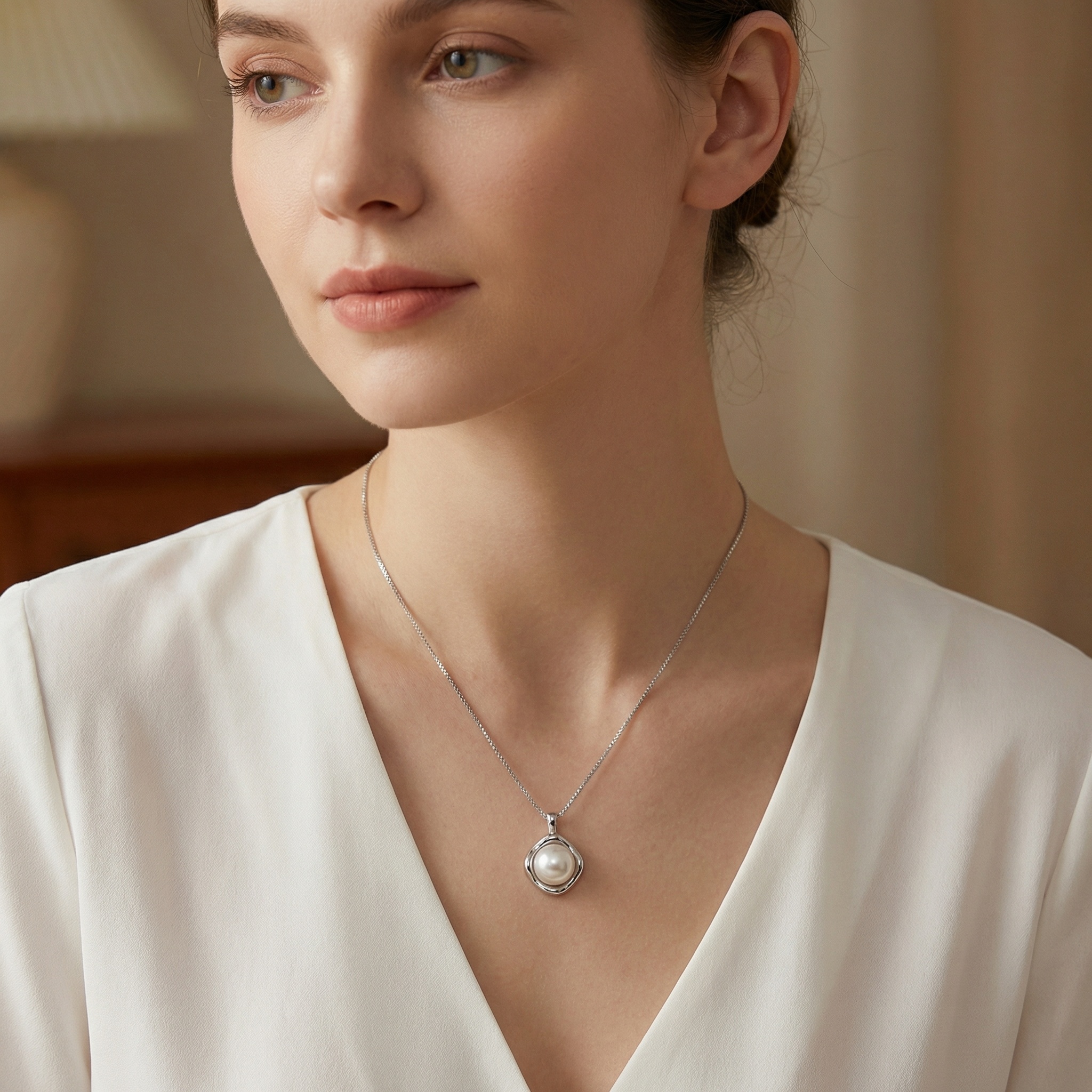 925 Sterling Silver Elegant Round Pearl Pendant Necklace in a Wavy Silver Frame 