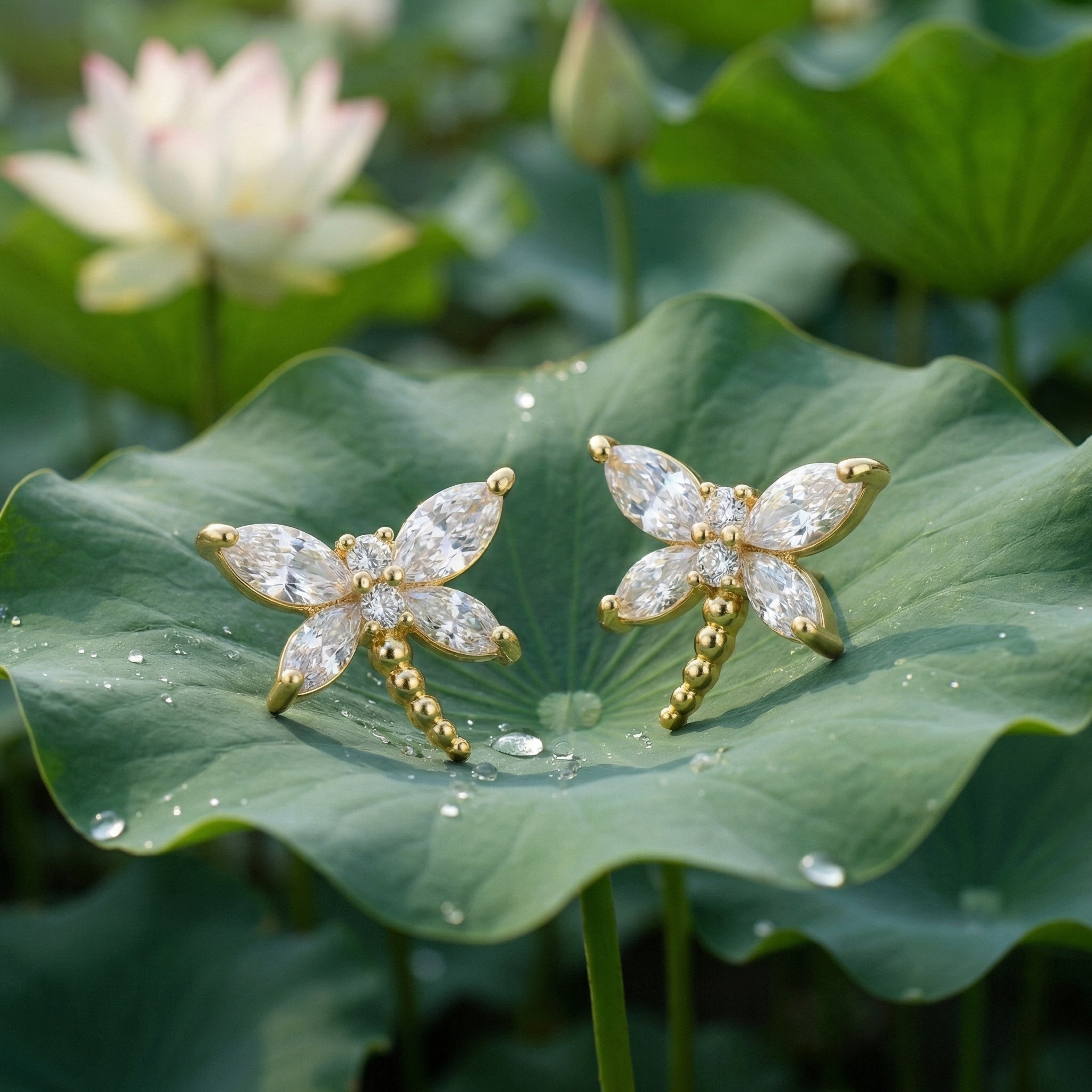925 Sterling Silver Elegant Sparkling Marquise Crystal Dragonfly Stud Earrings in Radiant Gilded Finish