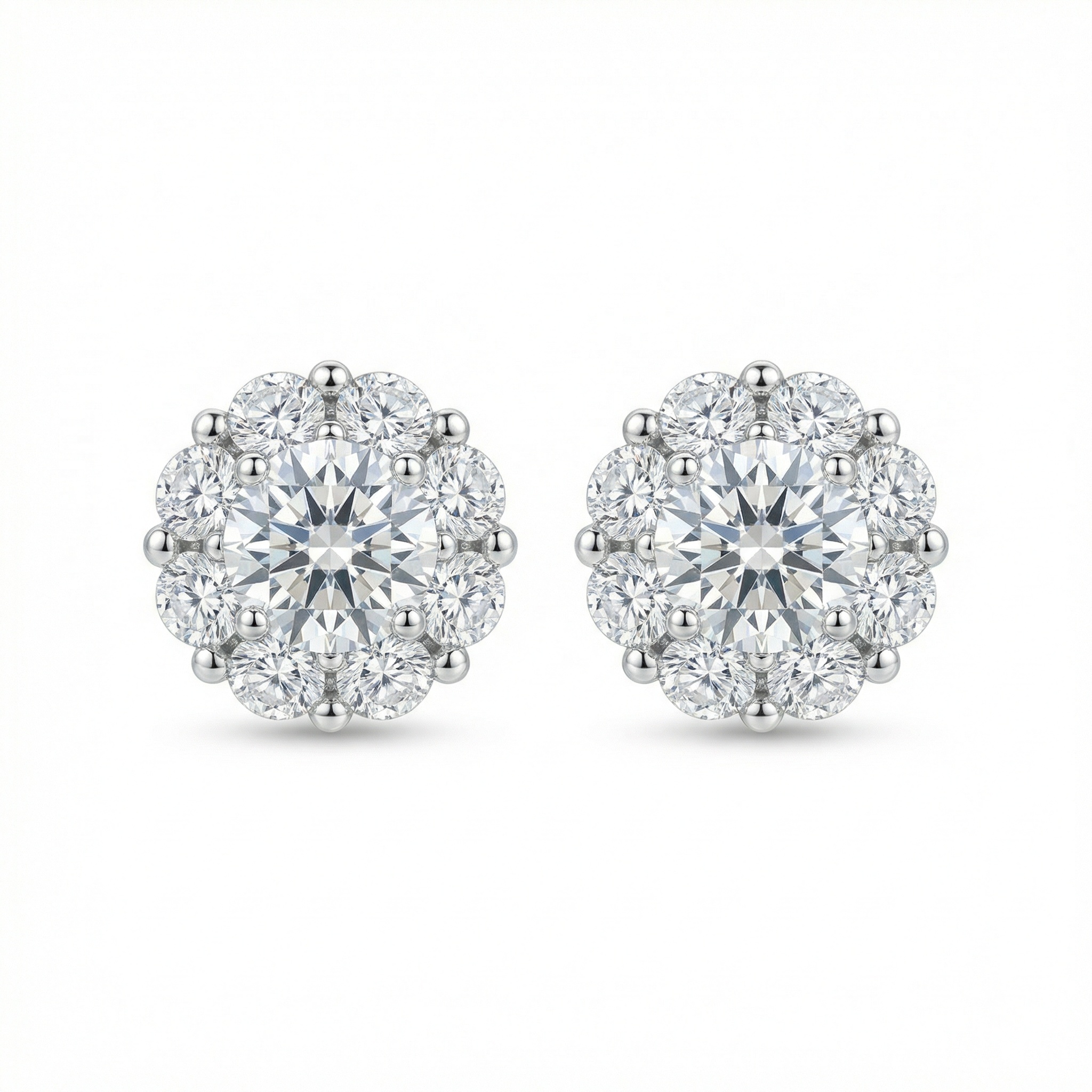925 Sterling Silver Elegant Round Brilliant Diamond Halo Stud Earrings in Polished White Metal 