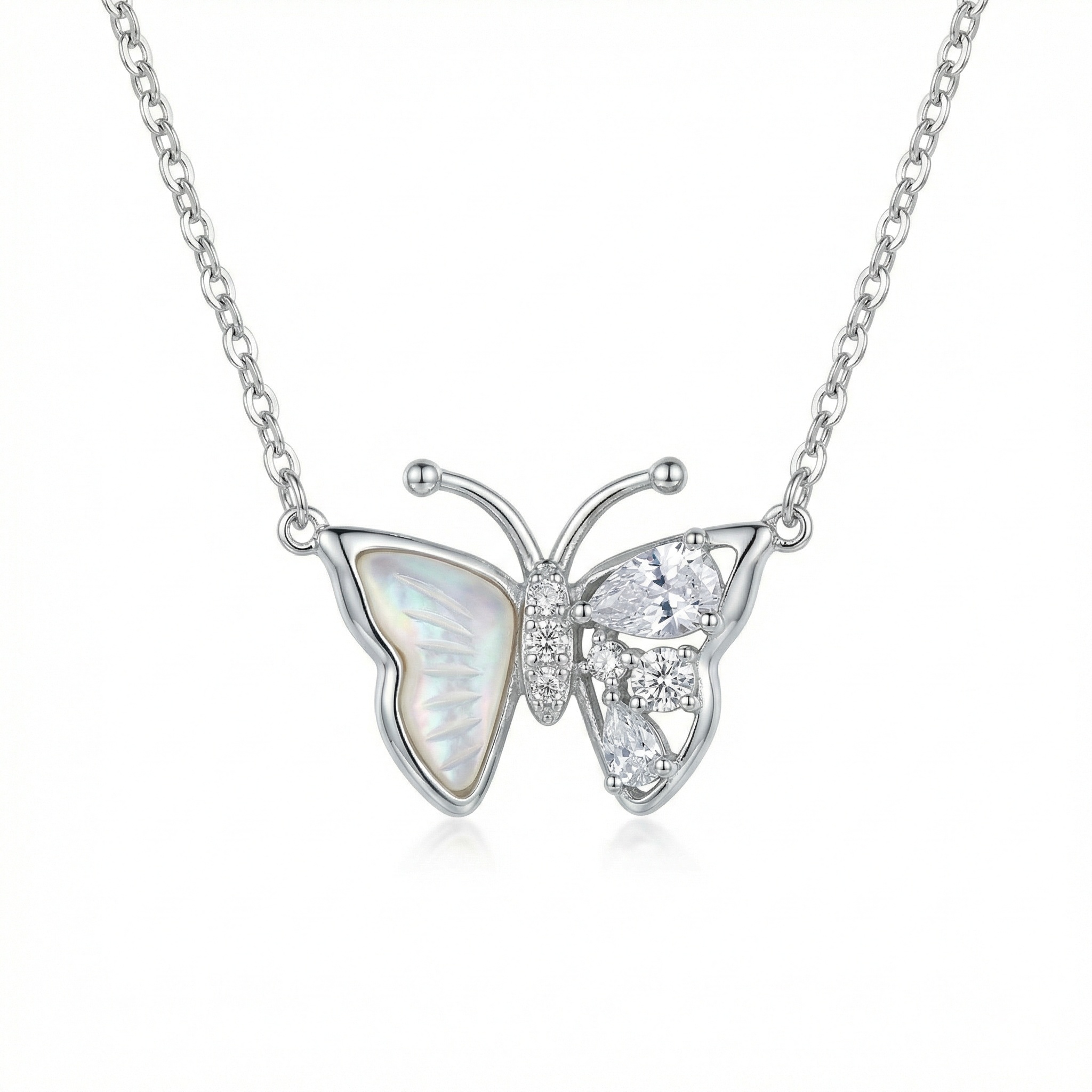 925 Sterling Silver Elegant Butterfly Necklace with Mother-of-Pearl and Sparkling Stones 2