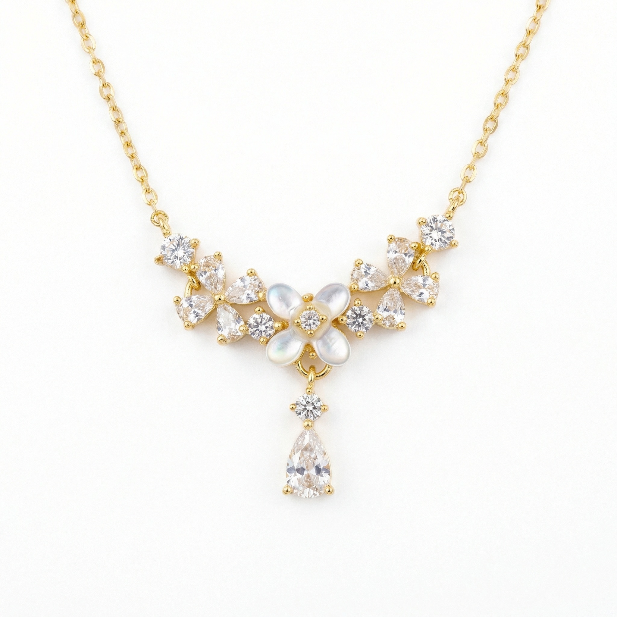 925 Sterling Silver Elegant Mother of Pearl Floral Necklace with Sparkling Pear-Cut Gemstone Accents 