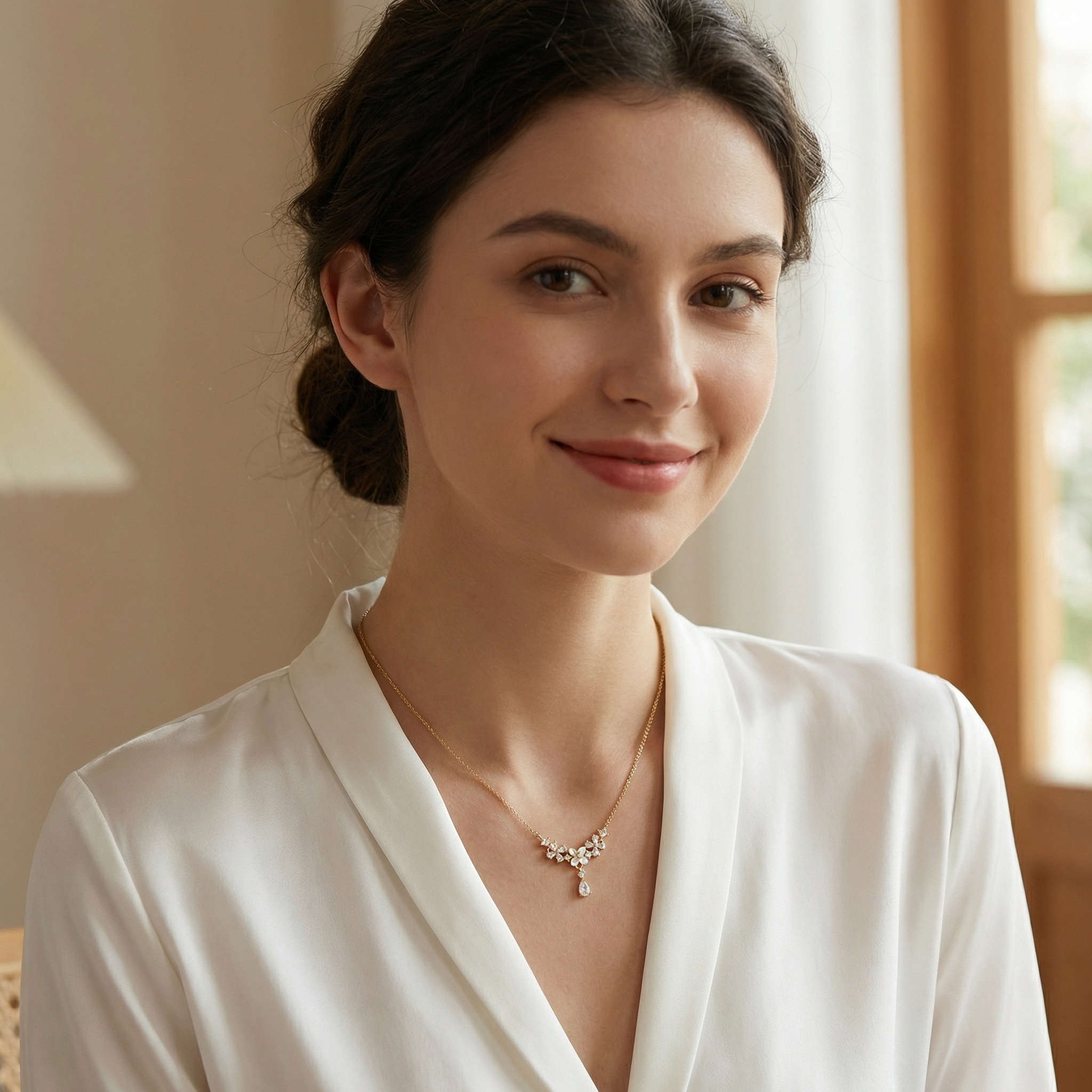 925 Sterling Silver Elegant Mother of Pearl Floral Necklace with Sparkling Pear-Cut Gemstone Accents 