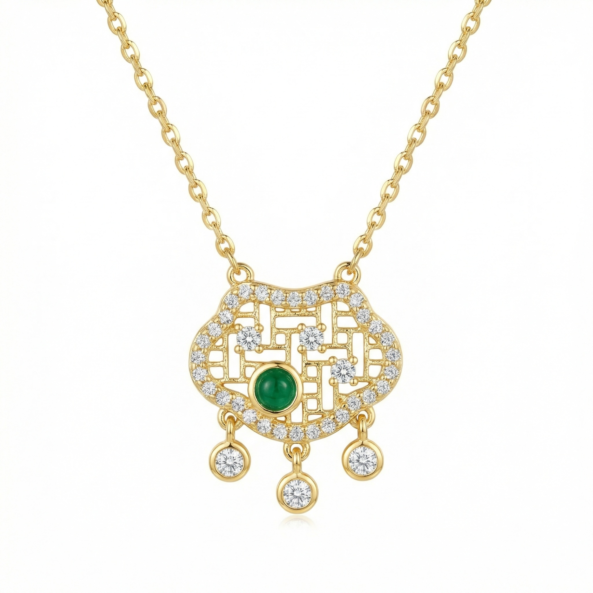 925 Sterling Silver Elegant Emerald and Diamond Longevity Lock Pendant Necklace in Delicate Filigree Setting 