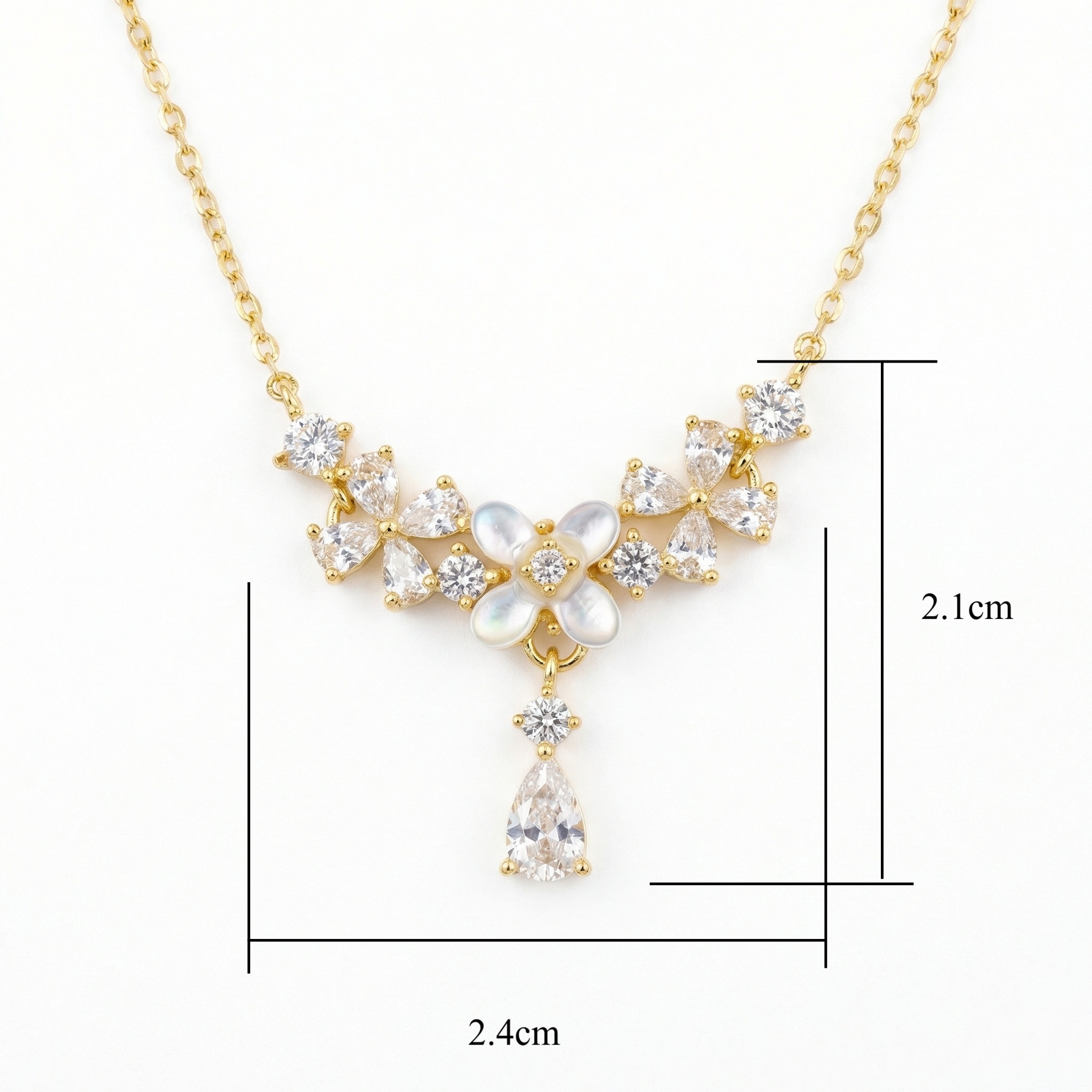 925 Sterling Silver Elegant Mother of Pearl Floral Necklace with Sparkling Pear-Cut Gemstone Accents 