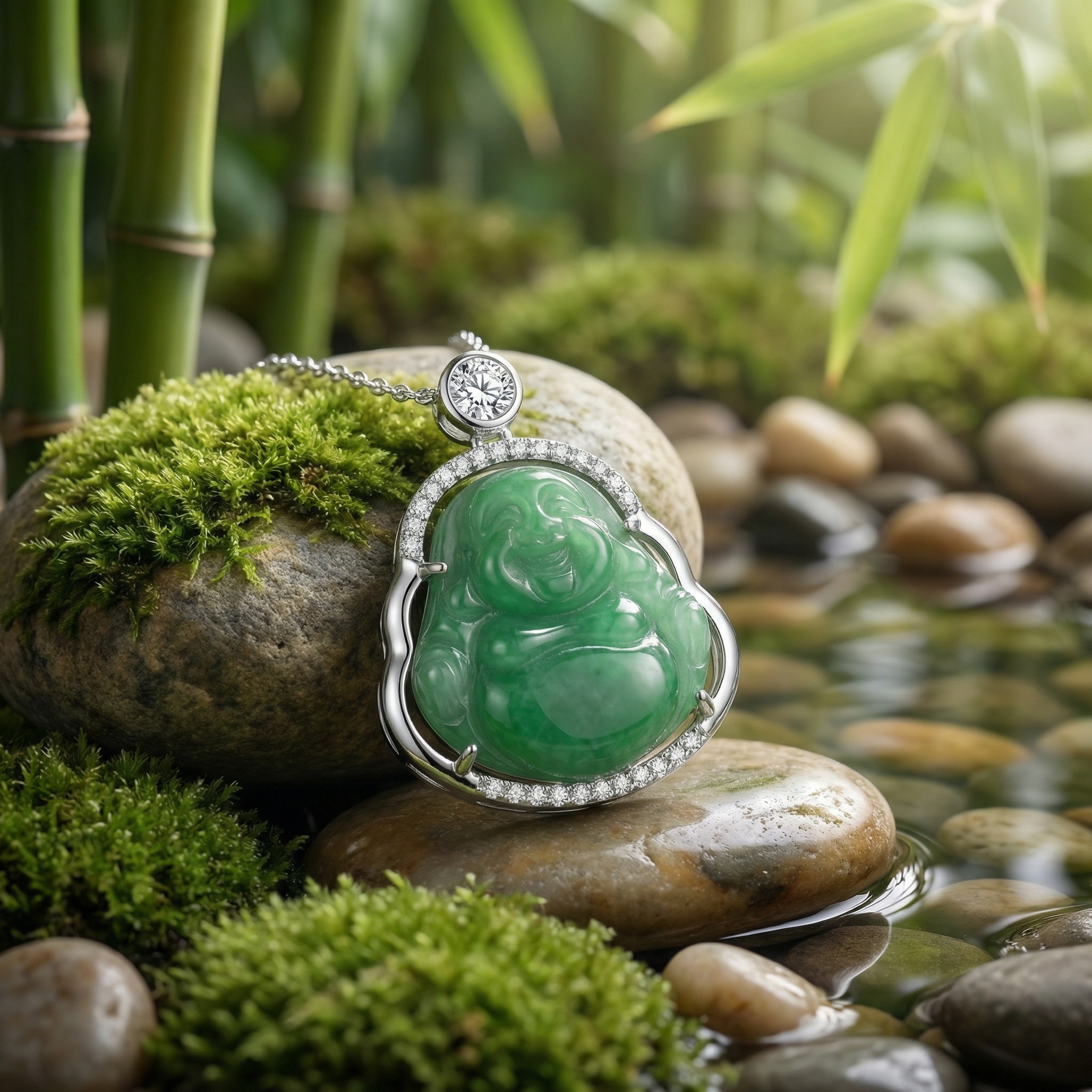 925 Sterling Silver Elegant Laughing Buddha Green Jade Pendant Necklace with Sparkling Accents