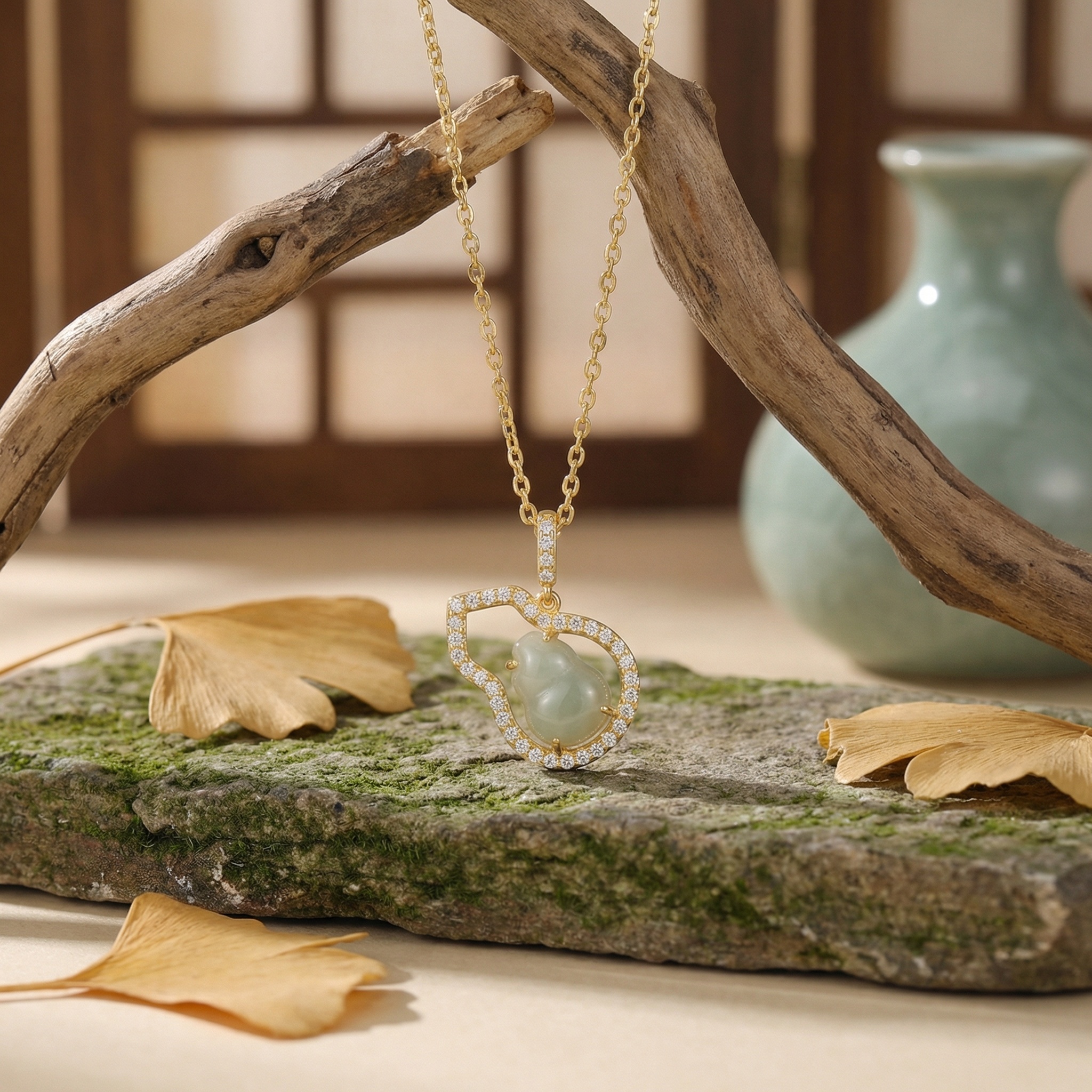 925 Sterling Silver Elegant Jadeite Wu Lou Gourd Pendant Necklace Featuring a Shimmering Diamond Frame  - Image 1